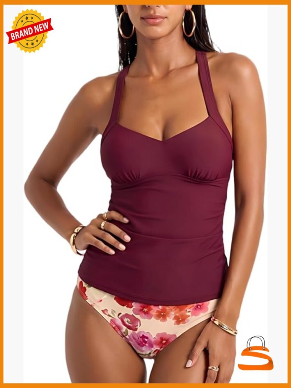 Women's Tankini Set V Neck Crossback Self Tie Mid Rise Ruched Swimsuit
